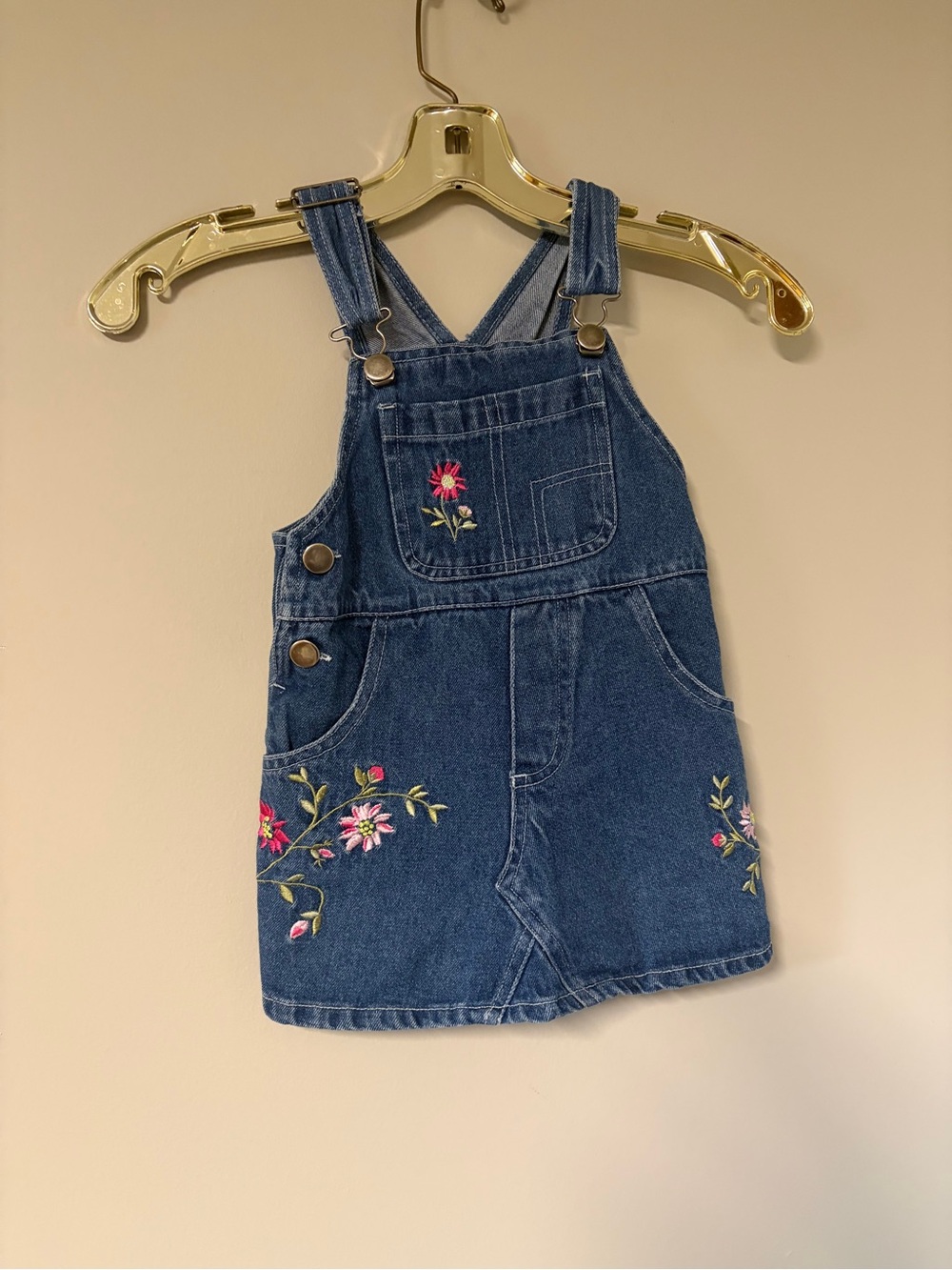 Girls' Denim Embroidered Floral Adjustable Overall Dress